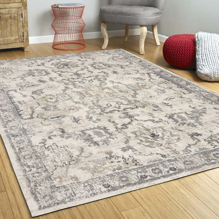 5X8 Ivory Machine Woven Distressed Floral Traditional Indoor Runner Rug Image 1