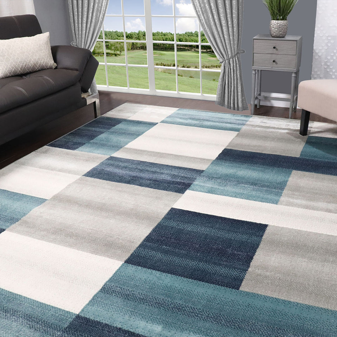 5 X 8 Teal And Gray Patchwork Power Loom Stain Resistant Area Rug Image 7