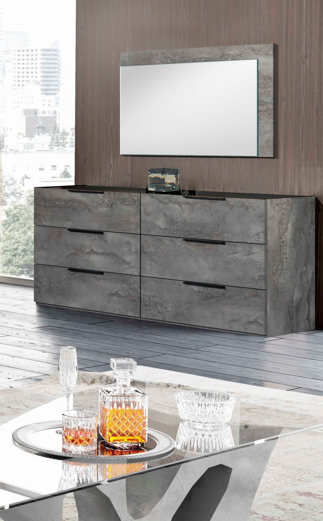 61" Grey Faux Marble Solid Manufactured Wood Six Drawer Double Dresser Image 1