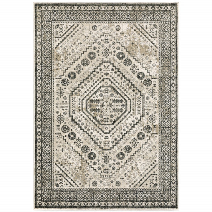 6 X 9 Ivory Grey Black And Ivory Oriental Power Loom Stain Resistant Area Rug Image 1