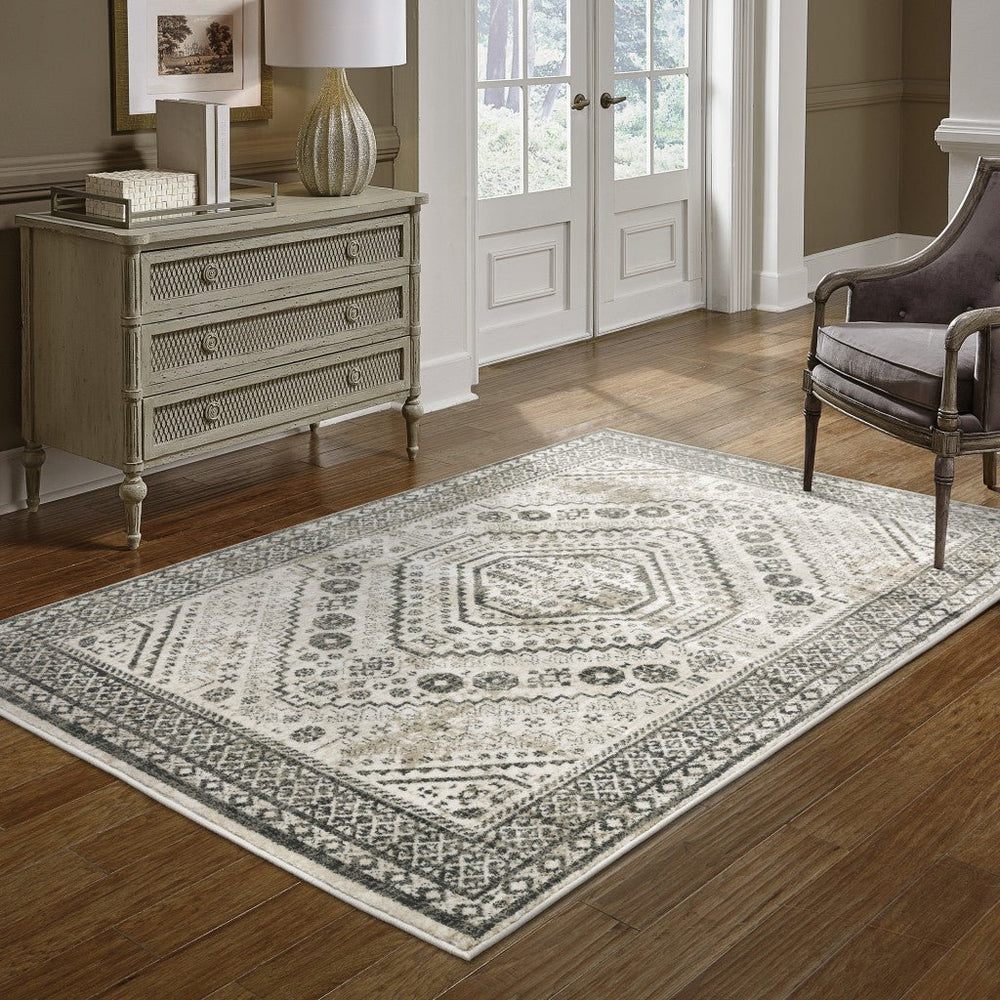 6 X 9 Ivory Grey Black And Ivory Oriental Power Loom Stain Resistant Area Rug Image 2