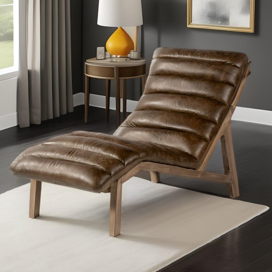 54" Brown And Wood Brown Genuine Leather Tufted Distressed Lounge Chair Image 9