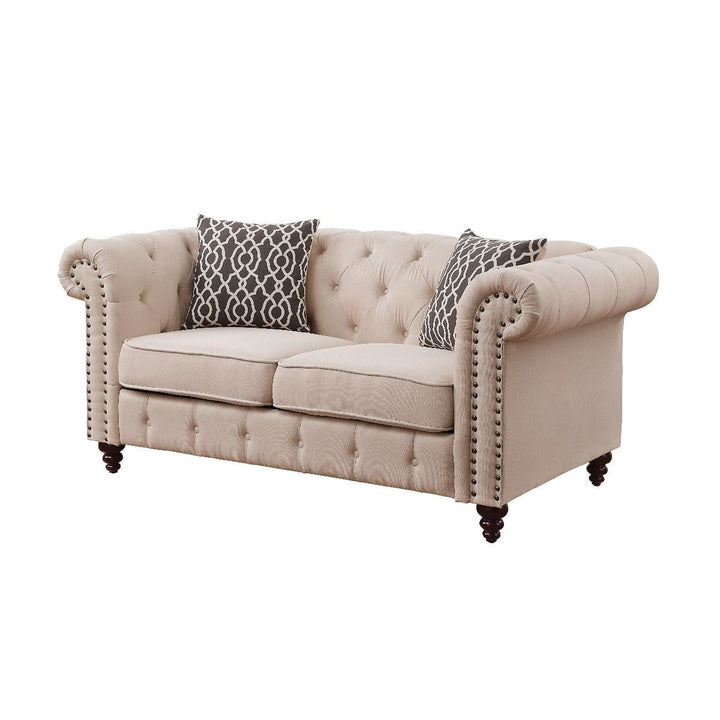 67" Beige And Dark Brown Linen Loveseat Image 1