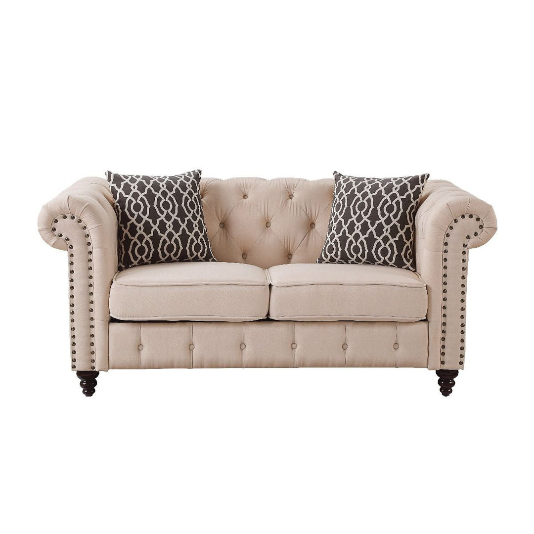 67" Beige And Dark Brown Linen Loveseat Image 2