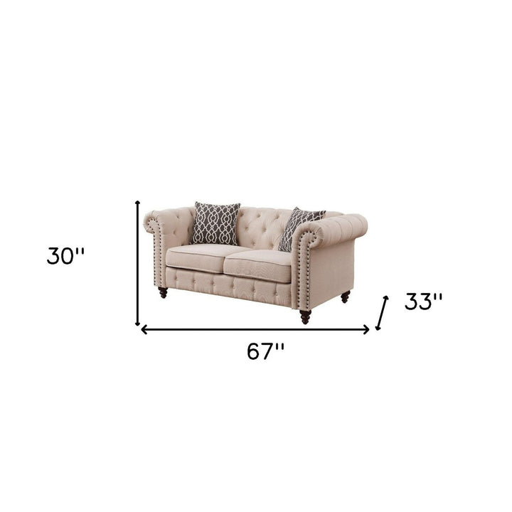 67" Beige And Dark Brown Linen Loveseat Image 4