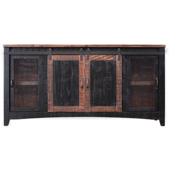 68" Black Solid Wood Cabinet Enclosed Storage Distressed TV Stand Image 2