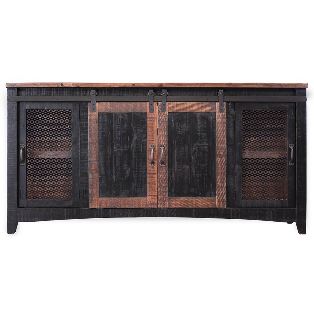 68" Black Solid Wood Cabinet Enclosed Storage Distressed TV Stand Image 3