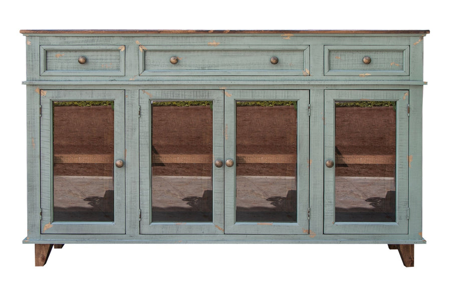 70" Green Solid and Manufactured Wood Distressed Credenza Image 1