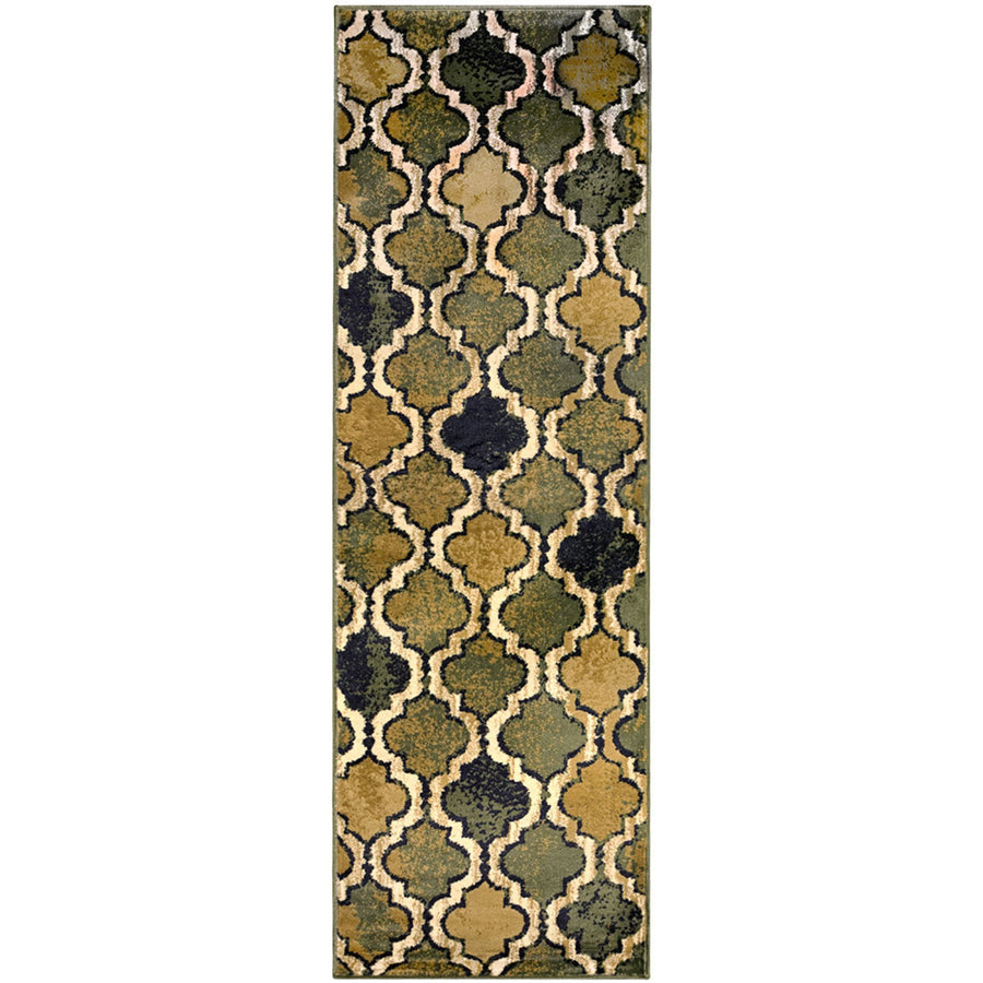 8 Green Quatrefoil Power Loom Distressed Stain Resistant Runner Rug Image 1