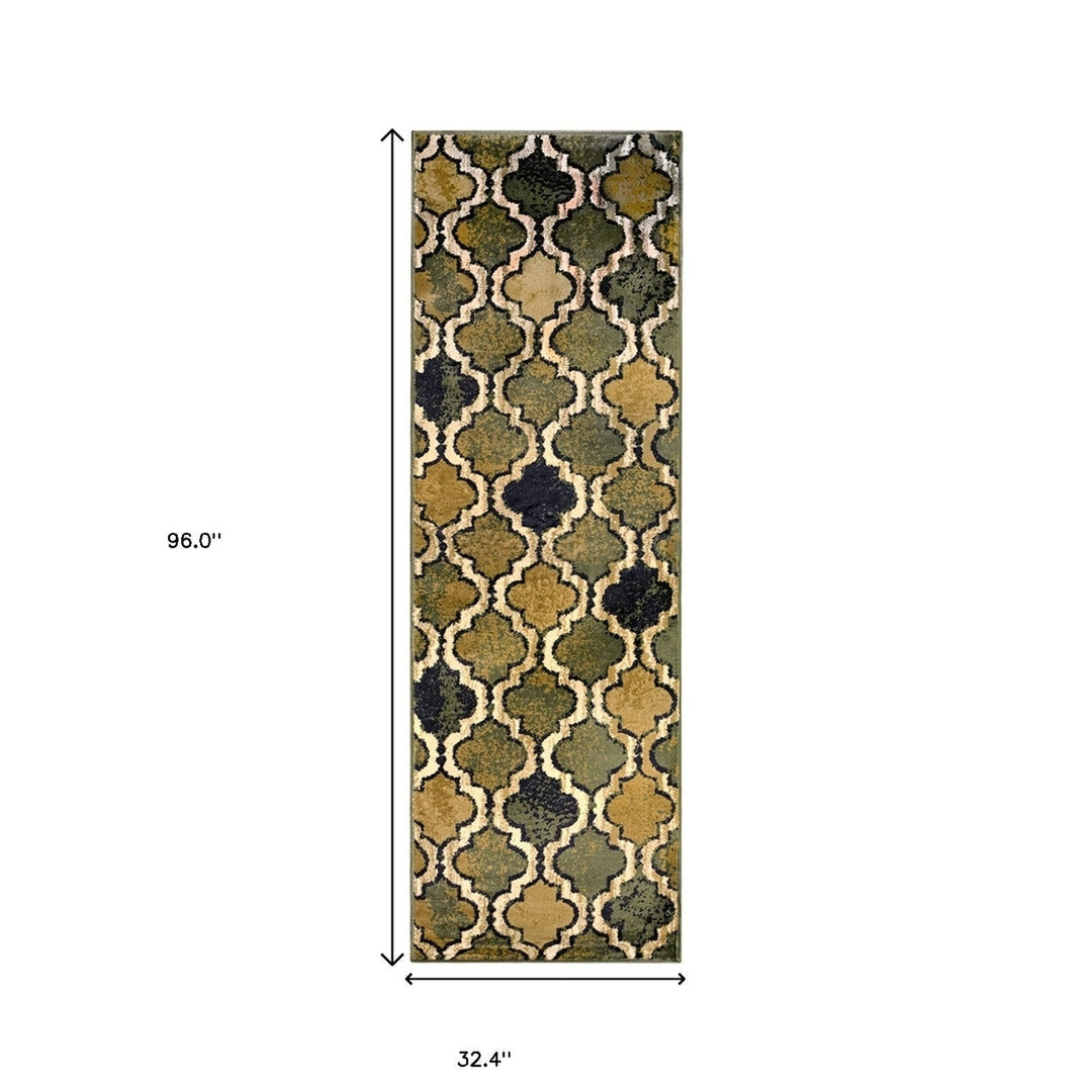 8 Green Quatrefoil Power Loom Distressed Stain Resistant Runner Rug Image 5