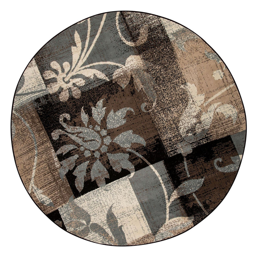 8 Round Beige And Gray Round Floral Power Loom Distressed Stain Resistant Area Rug Image 1