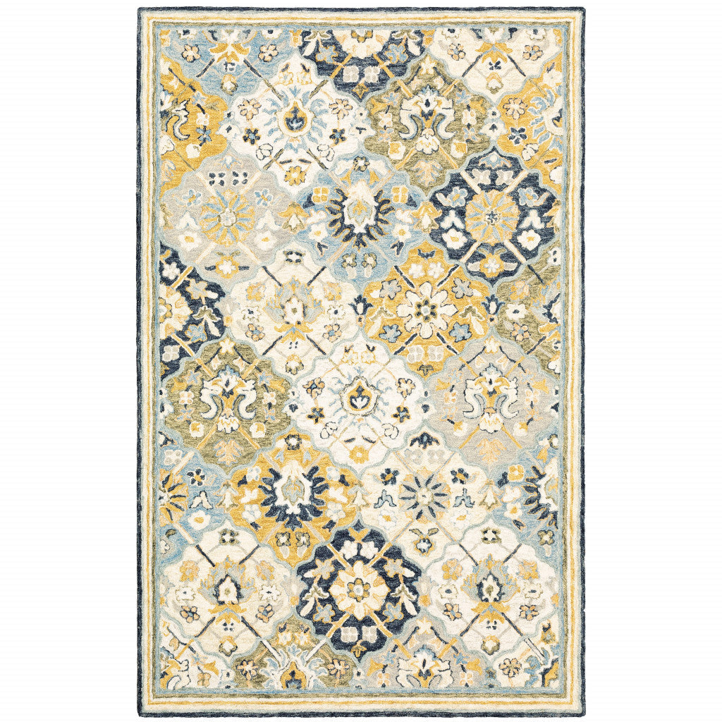 8 X 10 Blue Green Gold Navy And Ivory Geometric Tufted Handmade Stain Resistant Area Rug Image 1