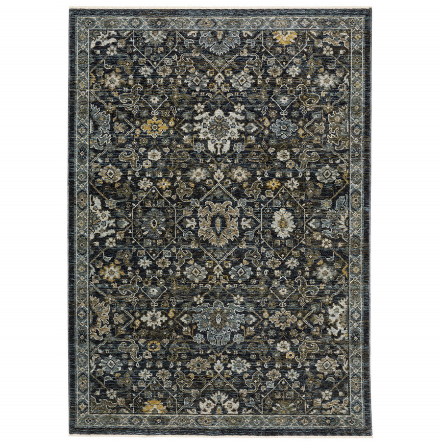 8 X 11 Blue Ivory Grey Gold Green And Brown Oriental Power Loom Stain Resistant Area Rug With Fringe Image 1