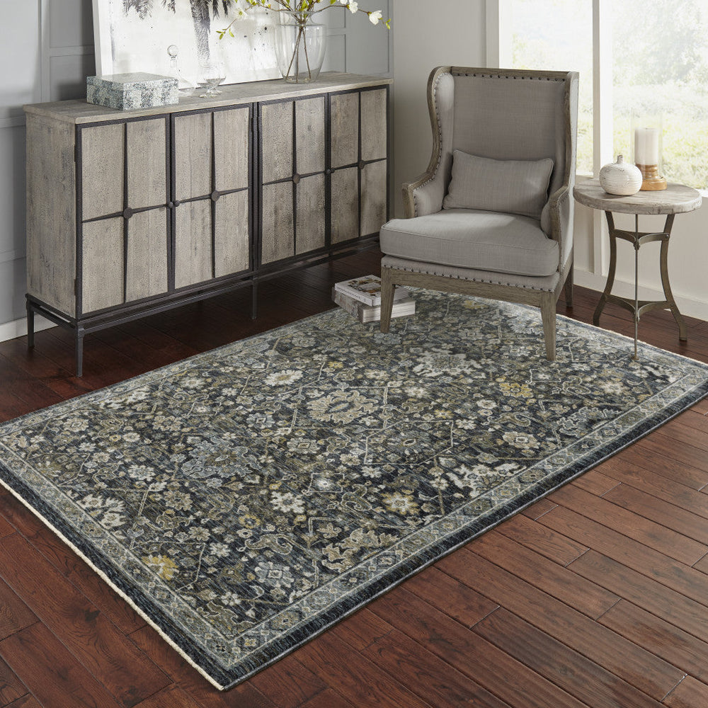 8 X 11 Blue Ivory Grey Gold Green And Brown Oriental Power Loom Stain Resistant Area Rug With Fringe Image 2