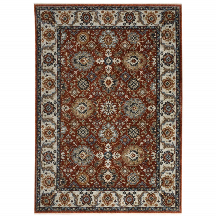 8 X 11 Red Blue Ivory Gold And Navy Oriental Power Loom Stain Resistant Area Rug With Fringe Image 1