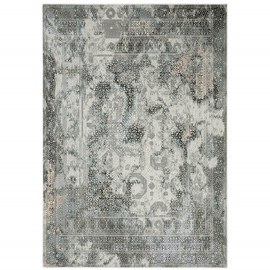 8 X 11 Ivory Grey Charcoal Blue And Rust Oriental Power Loom Stain Resistant Area Rug Image 1