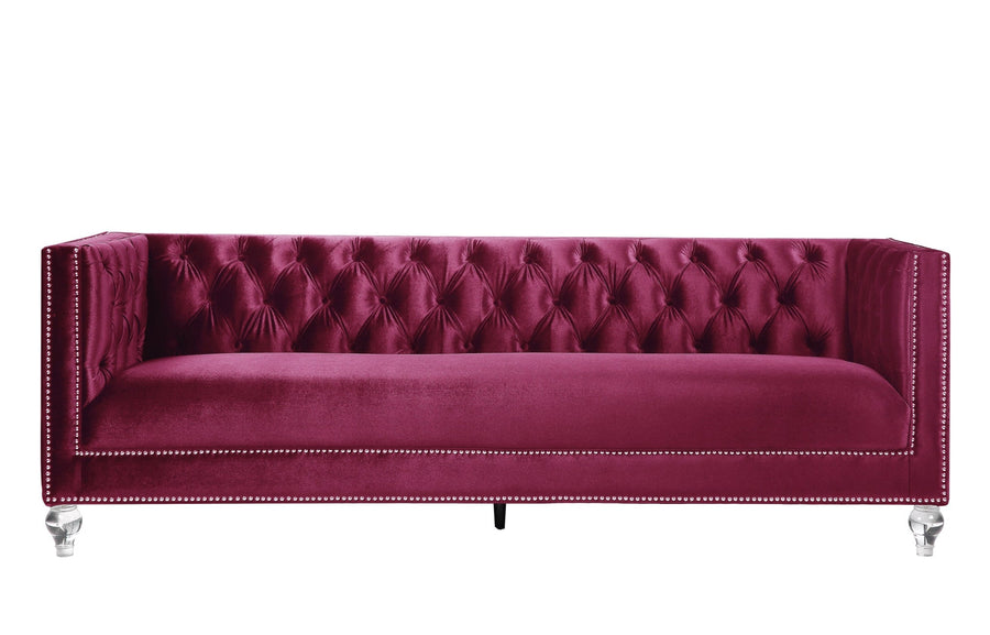 89" Burgundy Velvet Sofa And Toss Pillows With Black Legs Image 1