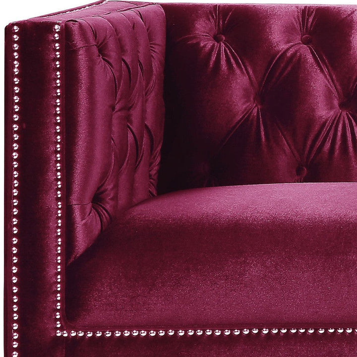 89" Burgundy Velvet Sofa And Toss Pillows With Black Legs Image 2