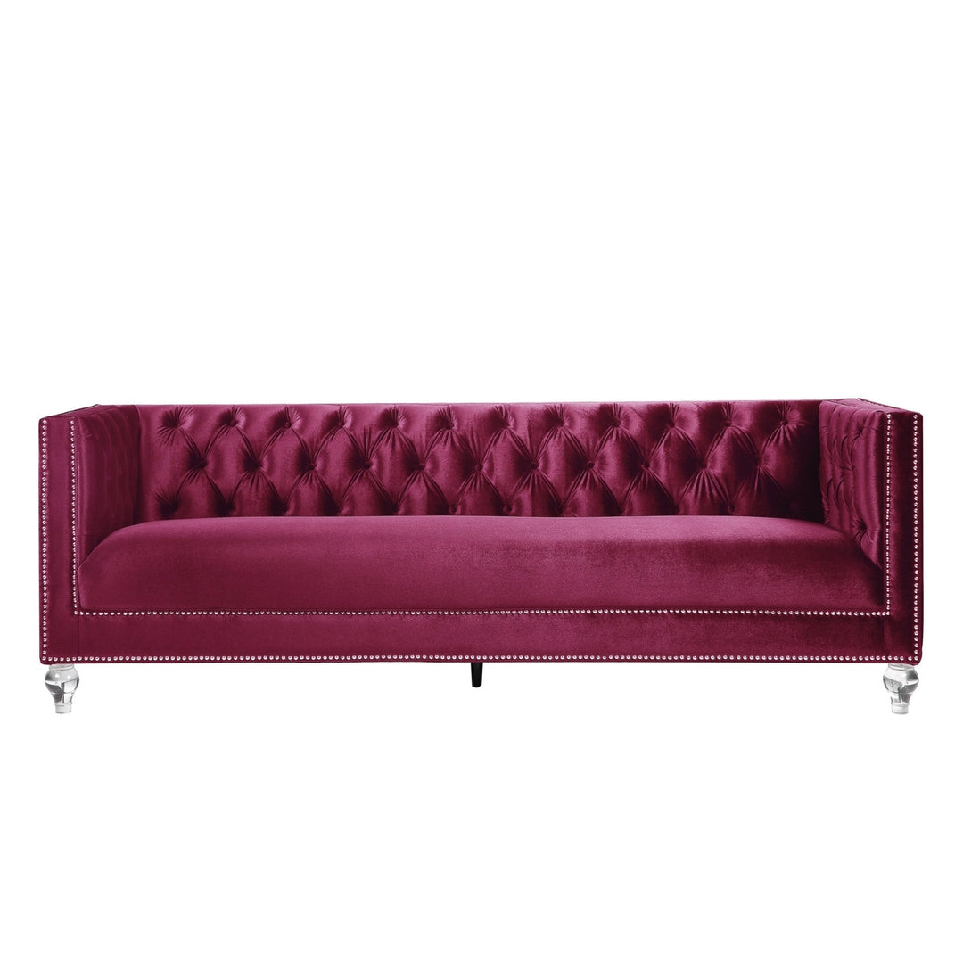 89" Burgundy Velvet Sofa And Toss Pillows With Black Legs Image 3