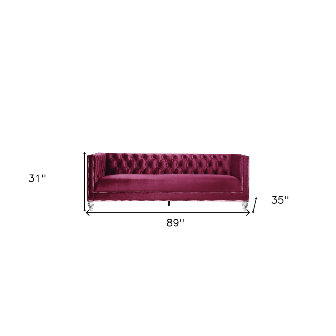 89" Burgundy Velvet Sofa And Toss Pillows With Black Legs Image 4