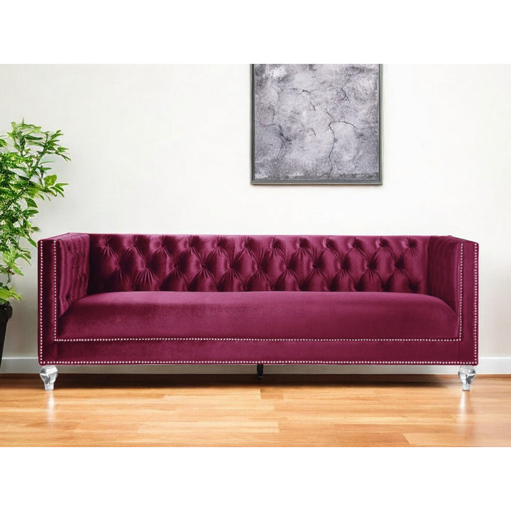 89" Burgundy Velvet Sofa And Toss Pillows With Black Legs Image 5