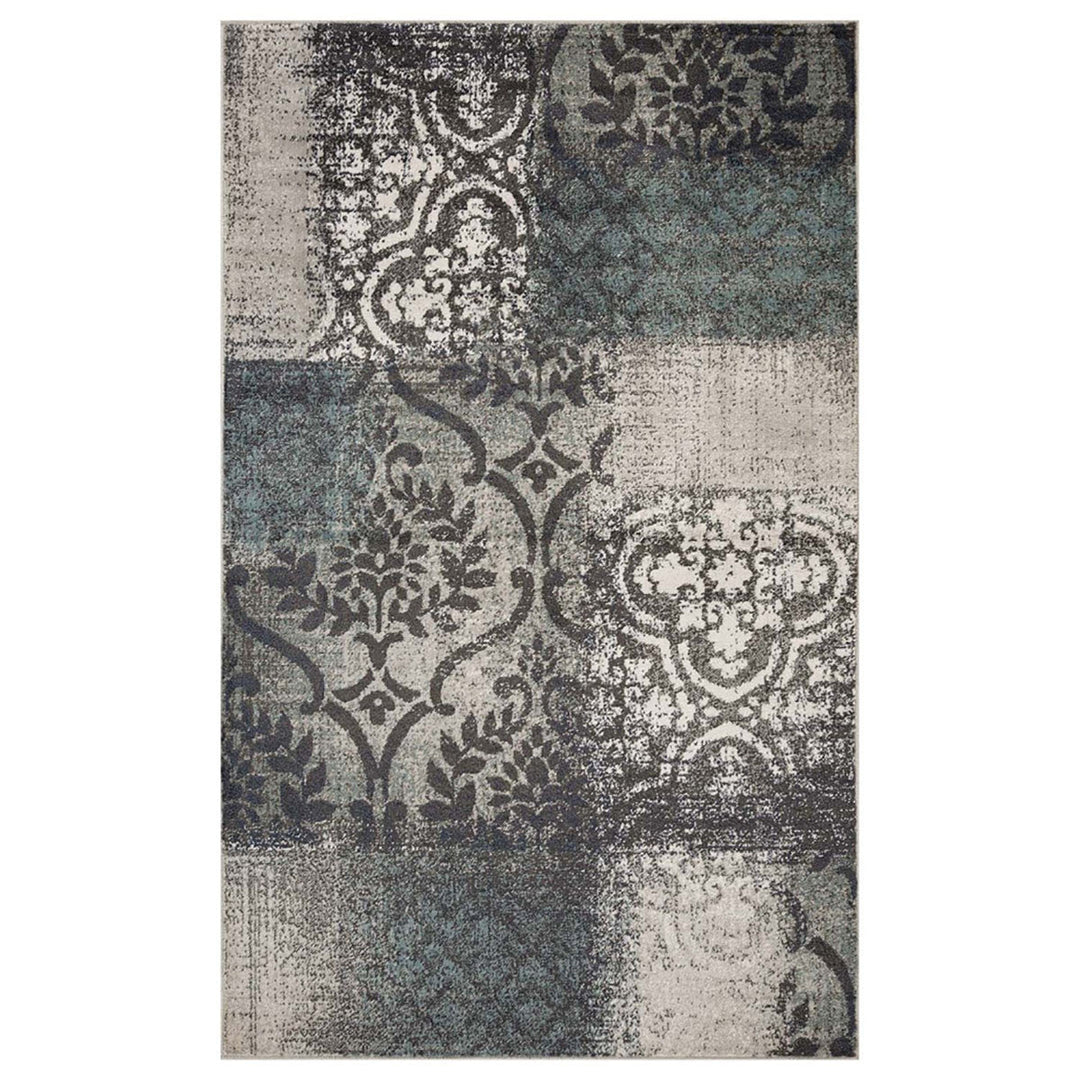 8 X 10 Teal And Gray Damask Distressed Stain Resistant Area Rug Image 1