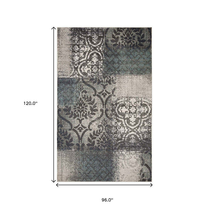 8 X 10 Teal And Gray Damask Distressed Stain Resistant Area Rug Image 7