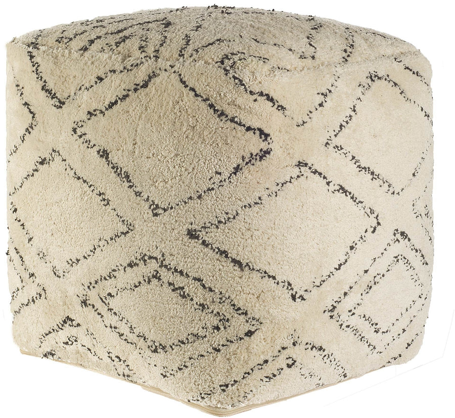 Beige Cotton Square Pouf With Argyle Pattern Image 1