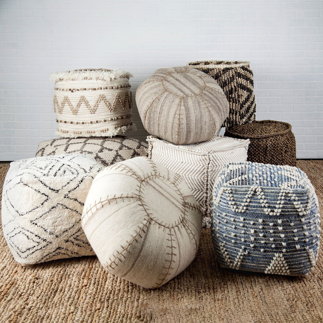 Beige Cotton Square Pouf With Argyle Pattern Image 3