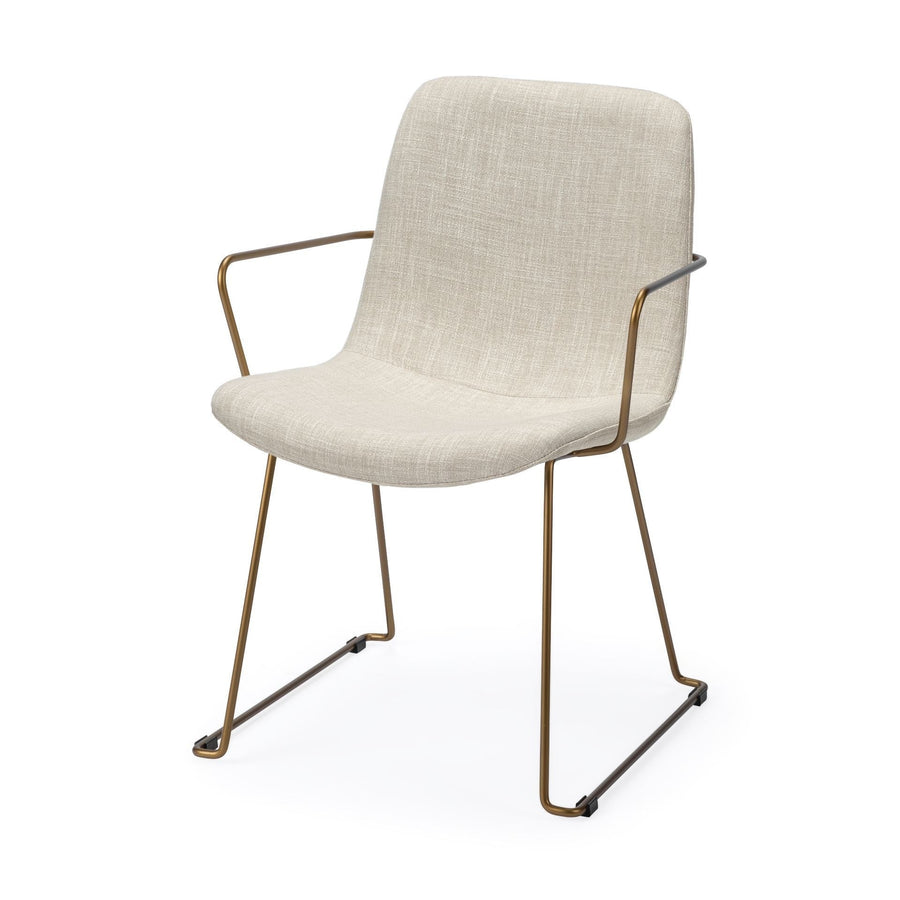 Cream And Gold Upholstered Fabric Dining Arm Chair Image 1