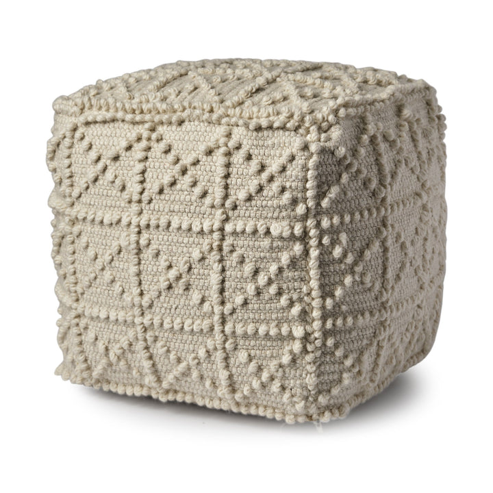 Ivory Wool Sqaure Pouf With Popcorn Detail Image 1