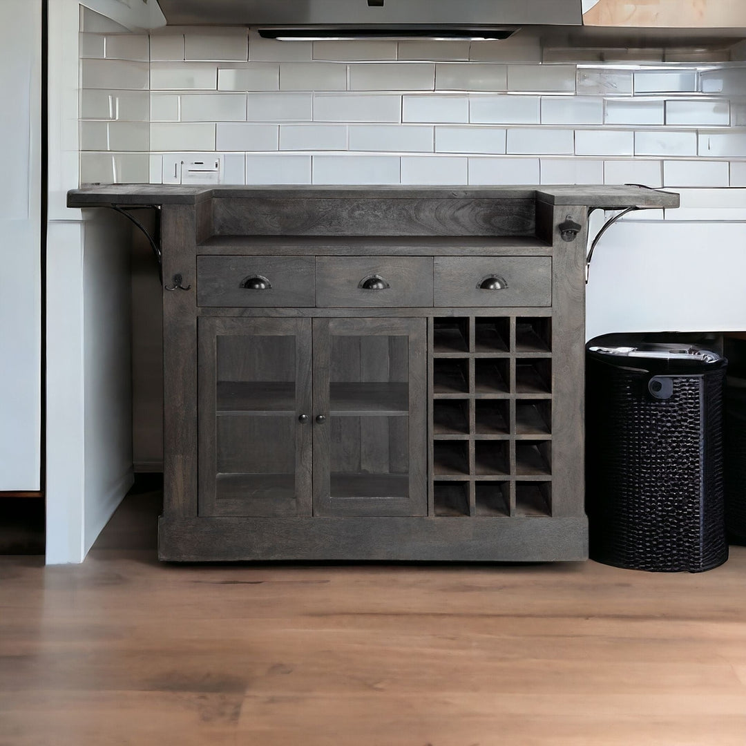 Gray Solid Wood Kitchen Island With Wine Bottle Storage Image 11