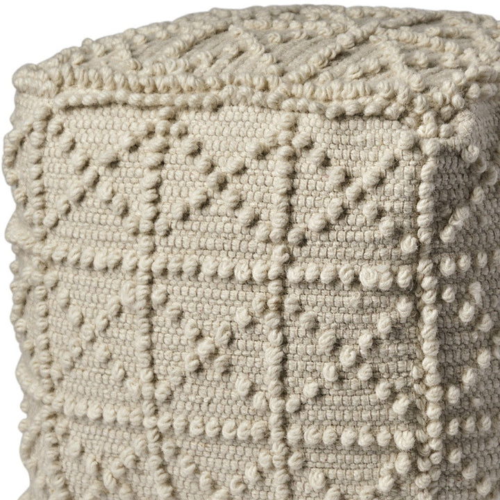 Ivory Wool Sqaure Pouf With Popcorn Detail Image 8