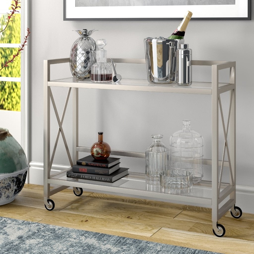 Nickel Steel And Glass Rolling Bar Cart Image 2