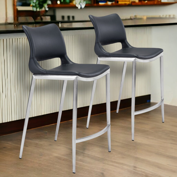 Set of Two 25" Black And Silver Steel Low Back Counter Height Bar Chairs Image 2