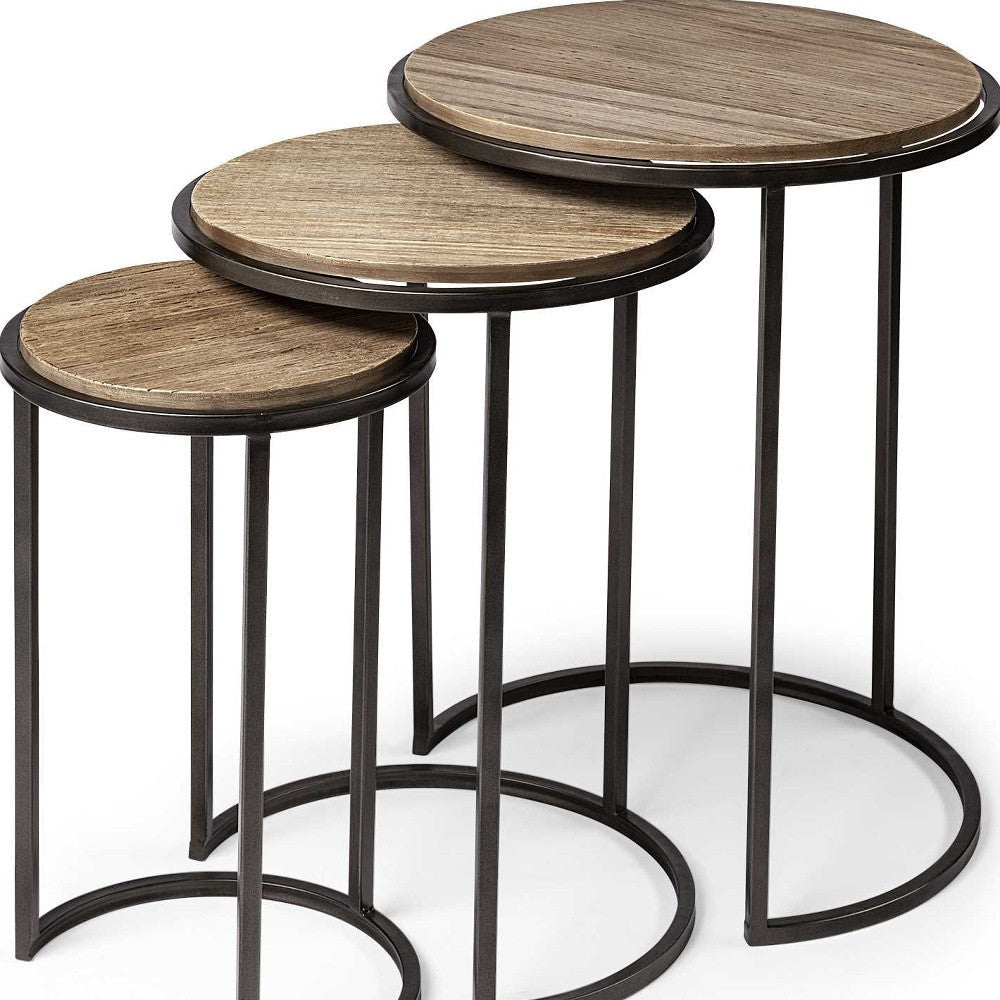 Set of Three 27" Black And Brown Solid Wood Round End Table Image 10