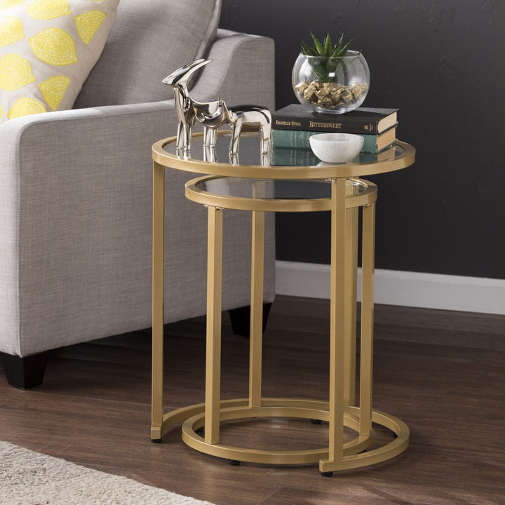 Set Of Two 23" Gold Glass And Steel Round Nested Tables Image 2