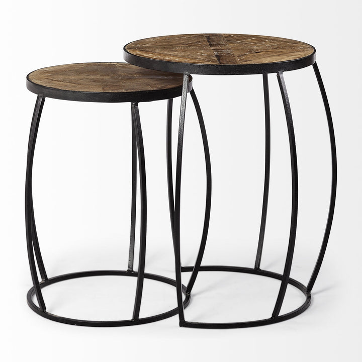 Set of Two 26" Black And Brown Solid Wood Round End Table Image 3