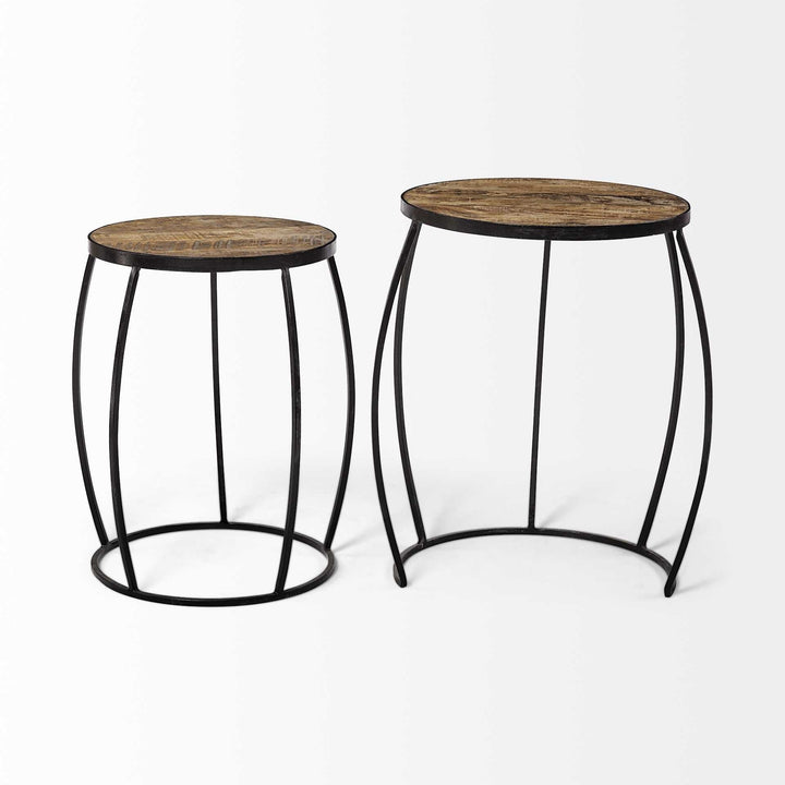 Set of Two 26" Black And Brown Solid Wood Round End Table Image 5