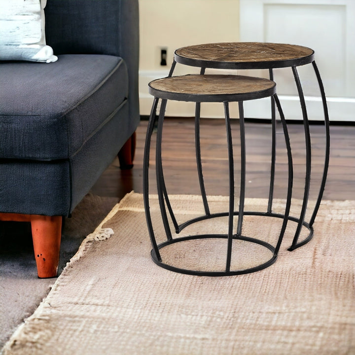 Set of Two 26" Black And Brown Solid Wood Round End Table Image 9