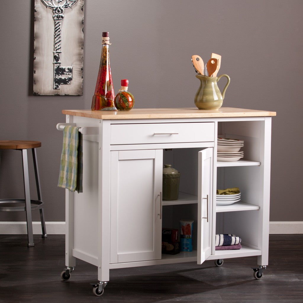 White and Natural 42" Rolling Kitchen Cart With Storage Image 1