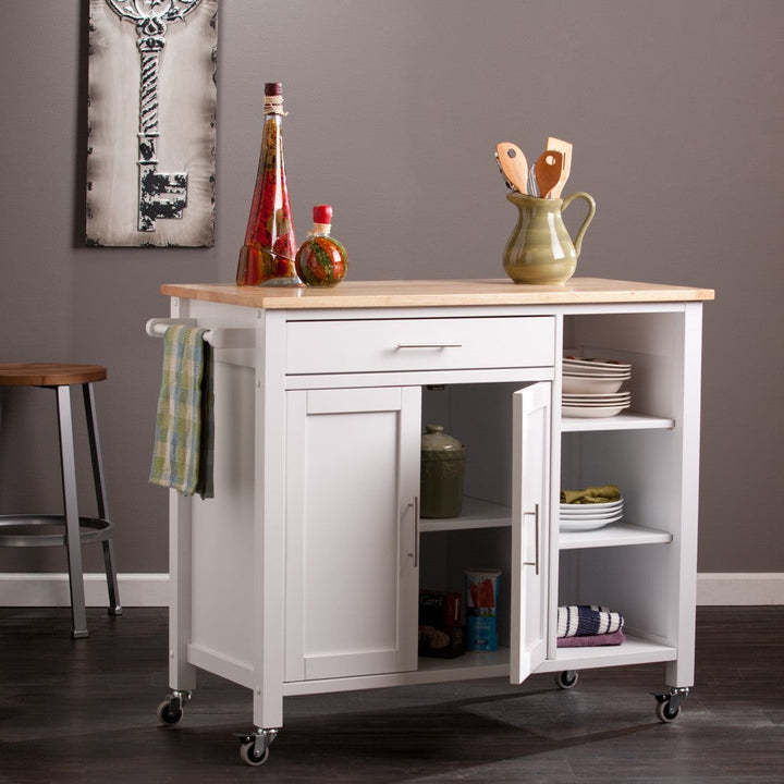 White and Natural 42" Rolling Kitchen Cart With Storage Image 1