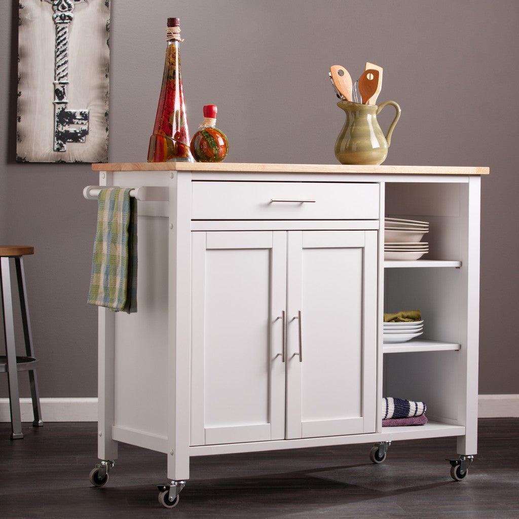 White and Natural 42" Rolling Kitchen Cart With Storage Image 2