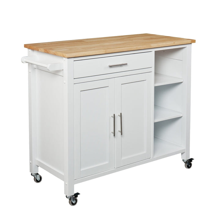 White and Natural 42" Rolling Kitchen Cart With Storage Image 3