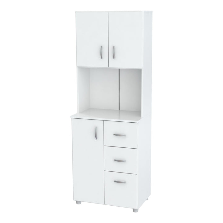 White Finish Wood High Low Full Size Microwave Cabinet Image 1