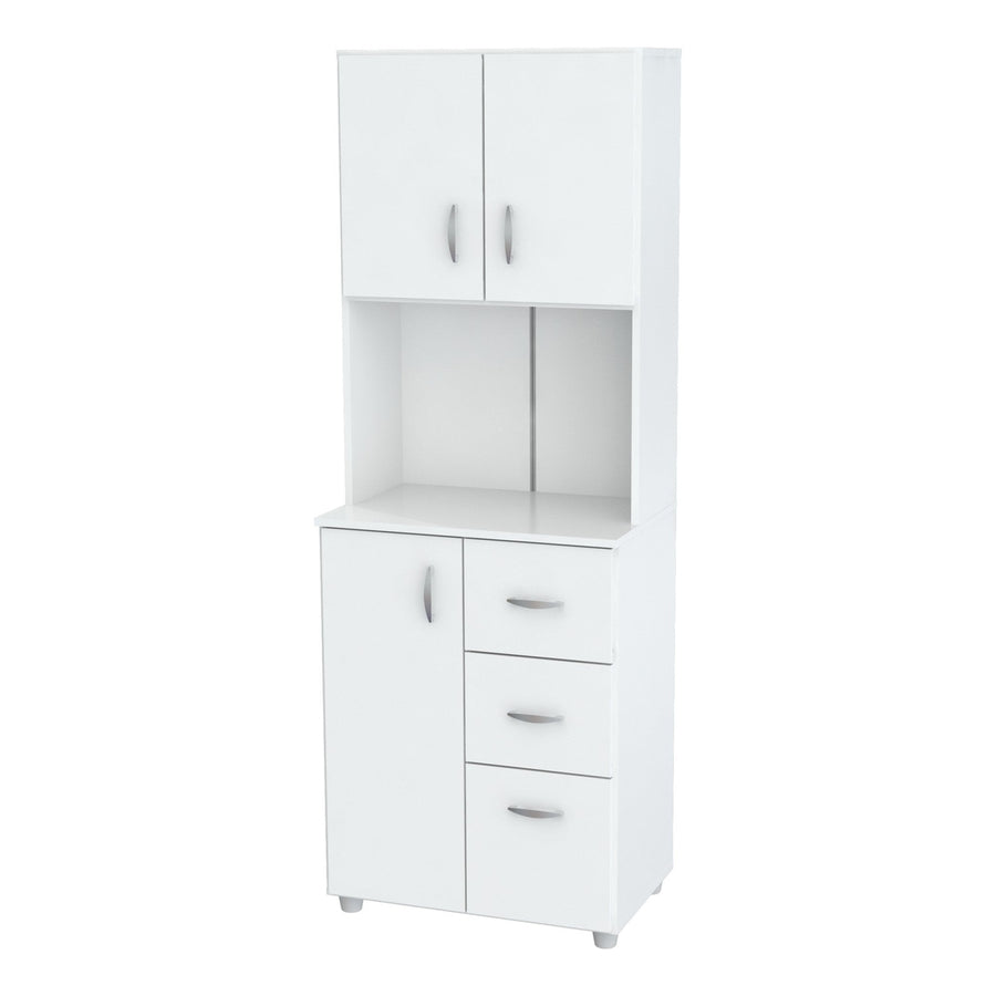 White Finish Wood High Low Full Size Microwave Cabinet Image 1