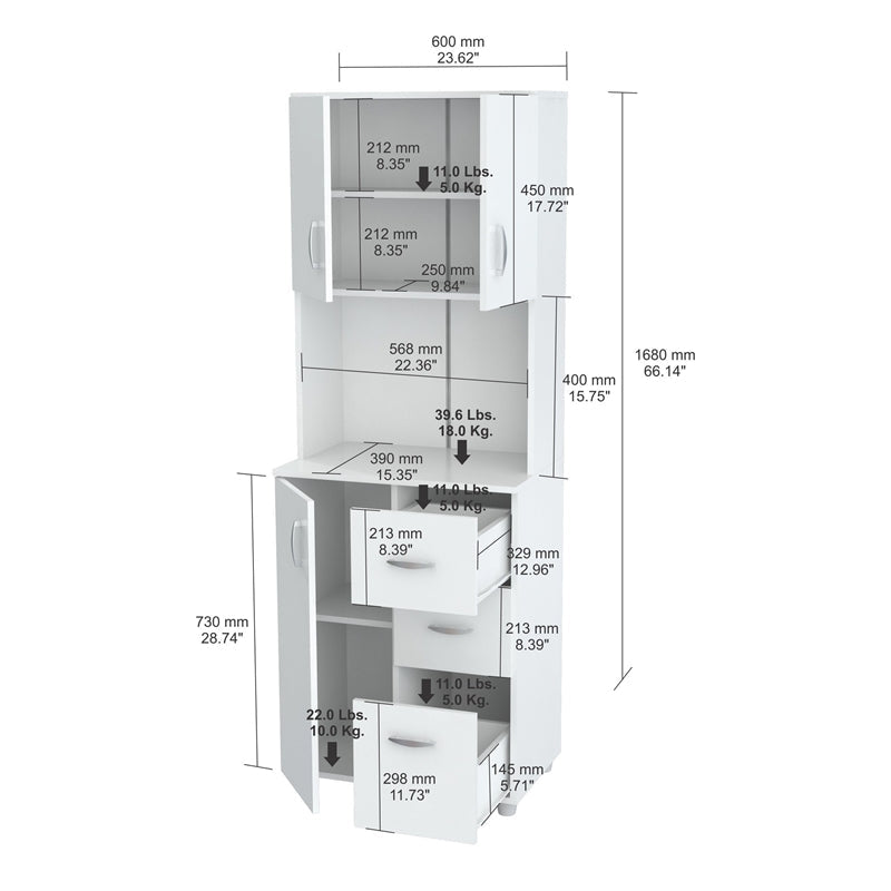 White Finish Wood High Low Full Size Microwave Cabinet Image 2