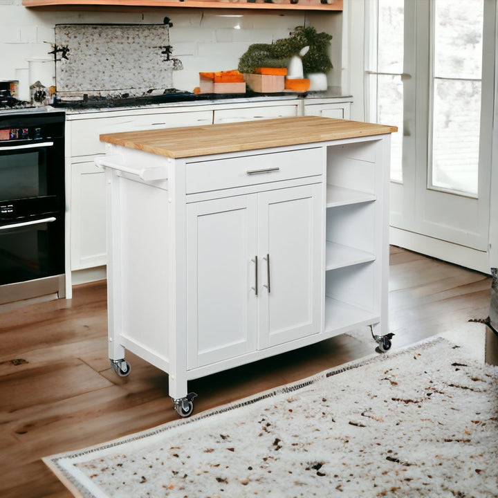 White and Natural 42" Rolling Kitchen Cart With Storage Image 7