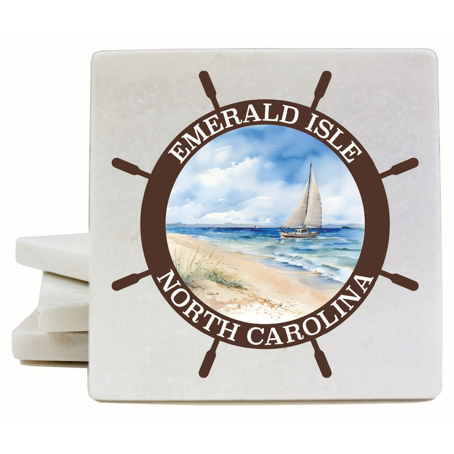 Emerald Isle North Carolina Nautical Helm Design Souvenir 4x4-Inch Coaster Marble 4 Pack Image 1