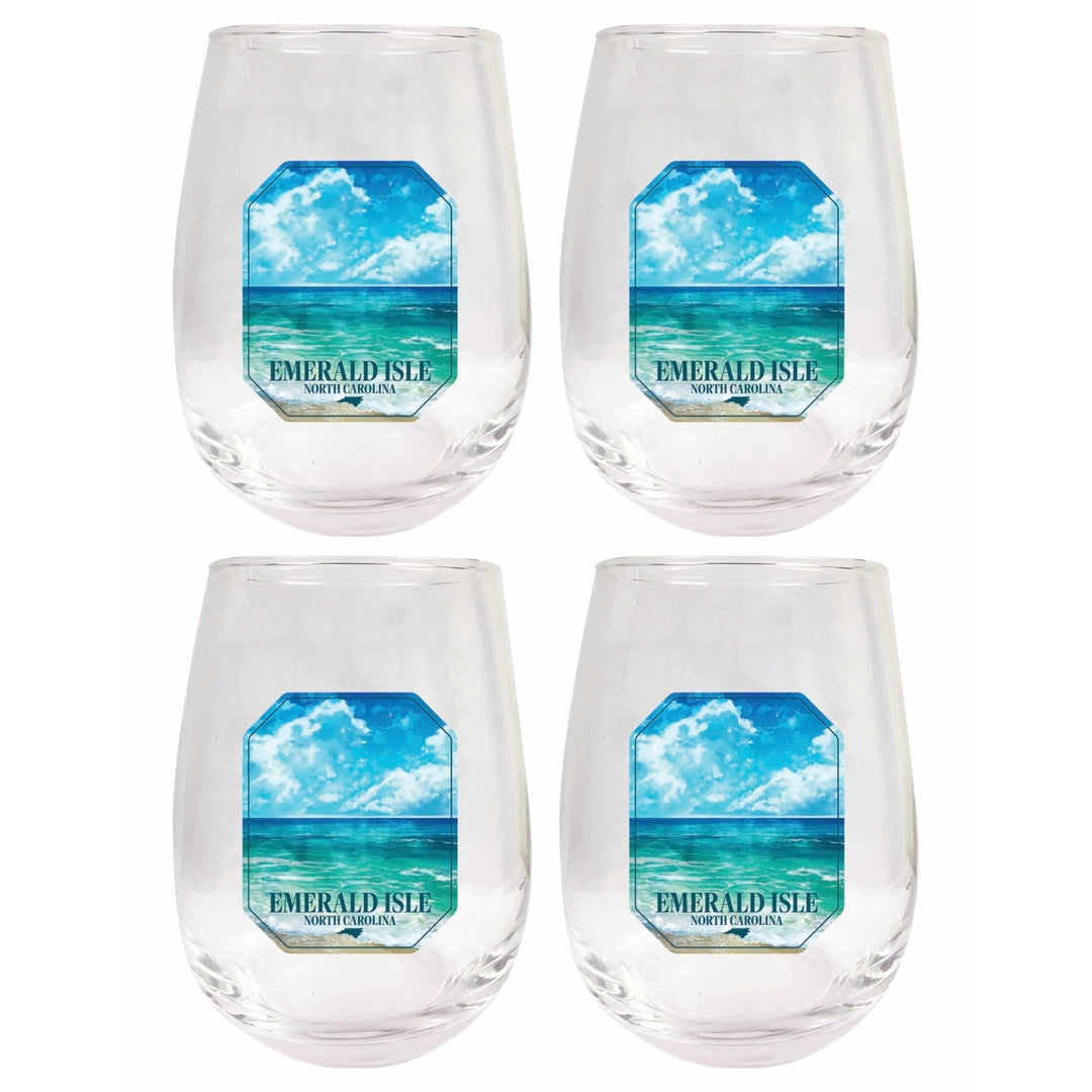 Emerald Isle North Carolina Serene Ocean Design Souvenir 15 oz Stemless Wine Glass 4-Pack Image 1